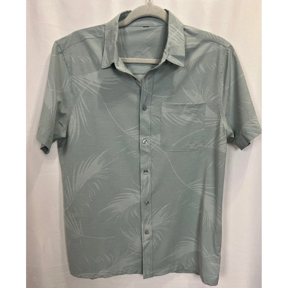Vuori Mens Short Sleeve Button Up Shirt Sage Green Palm Print Stretch Top